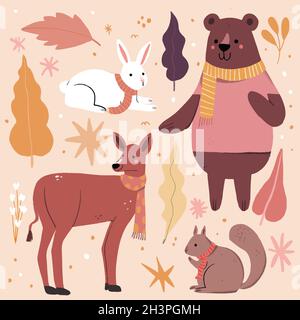 Handgezeichnete Herbst Tiere Kollektion Vektor Design Illustration Stock Vektor