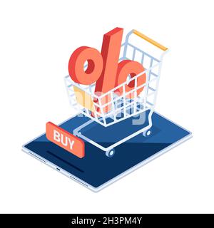 Flaches, isometrisches 3D-Prozentzeichen Rot in Warenkorb auf digitalem Tablet. Online-Shopping und Big Discount-Konzept. Stock Vektor