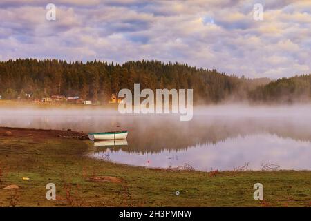 Morgennebel am See Stockfoto