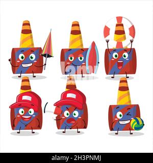 Happy Face rote Party-Gebläse Cartoon-Figur spielt auf einem Strand. Vektorgrafik Stock Vektor