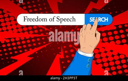 Virtuelle Suchleiste mit dem Text Redefreiheit. Geschäftsmann drückt mit seinem rechten Zeigefinger auf ein Suchsymbol. Stock Vektor