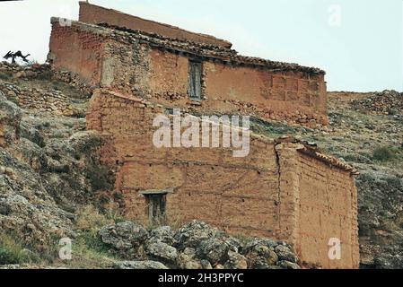 Jaraba adobe-Haus in der Region Calatayud in Aragon, Spanien Stockfoto