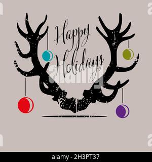 Hirschgeweih mit Weihnachtskugeln und den Worten Happy holidays, Vektorgrafik Stock Vektor