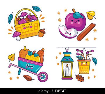 Kawaii Herbst Aufkleber Sammlung Vektor Design Illustration Stock Vektor