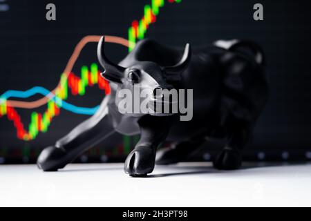 Selektiver Fokus auf Hausse, Konzept von bullisch, Boom oder Anstieg des Aktienmarktes durch steigende Charts und Hausse, die in den Rahmen eintreten. Stockfoto