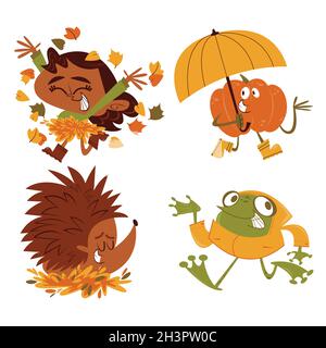 Retro Cartoon Herbst Aufkleber Kollektion Vektor Design Illustration Stock Vektor