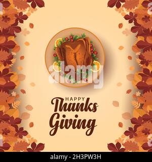 Happy Thanksgiving Grußdesign mit Herbstblättern. Gelber Hintergrund Vektor Illustration Design Stock Vektor