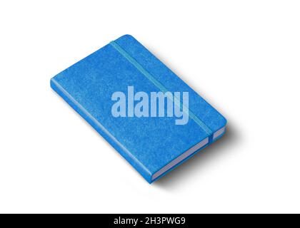 Blau geschlossenes Notebook isoliert auf Weiß Stockfoto