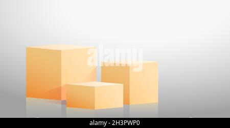 Realistische gelbe Würfel - Boxen auf grauem Studiohintergrund - Vektor Stockfoto