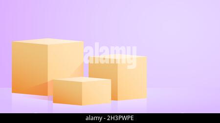 Realistische gelbe Würfel - Boxen auf blauem Studiohintergrund - Vektor Stockfoto