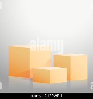 Realistische gelbe Würfel - Boxen auf grauem Studiohintergrund - Vektor Stockfoto