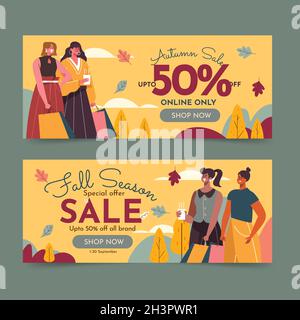 Hand gezeichnet flach horizontal Herbst Verkauf Banner Set Vektor Design Illustration Stock Vektor