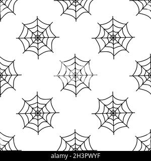 Flache Vektorgrafik. Halloween Nahtloses Muster mit schwarzen Spinnweben auf weißem Hintergrund. Für Web, Notizblock, Hintergrund, Papier. Stock Vektor