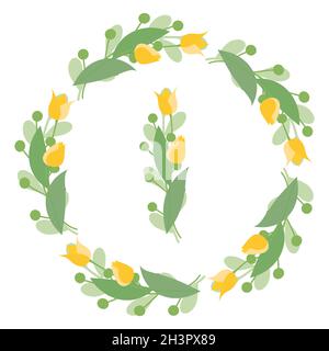 Vektordarstellung isolieren. Runde Rahmen mit gelben Tulpen und grünen Blättern auf weißem Hintergrund. Designelemente für Hochzeitskarten, Drucke, Greeti Stock Vektor