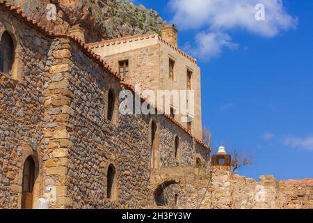 Monemvasia alte Häuser Ansicht in Peloponnes, Griechenland Stockfoto