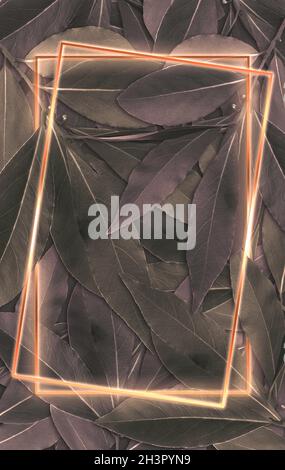 Blatthintergrund goldener Rahmen und Bokeh Tröpfchen 3D-Illustration Stockfoto