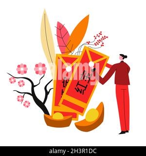 Chinesische Symbole, Sakura und rote Umschläge mit Hieroglyphen Stock Vektor