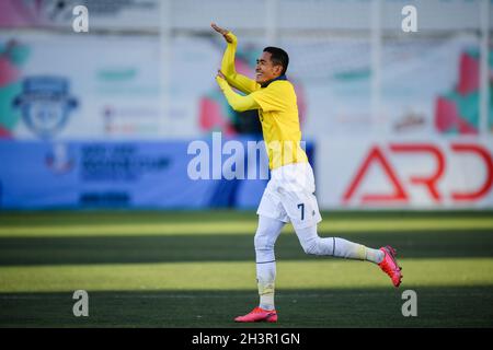 Ulaanbaatar, Mongolei. Oktober 2021. Jakkit Palapon aus Thailand feiert ein Tor während des AFC U23 Asian Cup Usbekistan 2022 Gruppe J Qualifikationsrunde zwischen Thailand und Laos im MFF Stadium.(Endstand; Thailand 3:0 Laos) (Foto von Amphol Thongmueangluang/SOPA I/Sipa USA) Quelle: SIPA USA/Alamy Live News Stockfoto