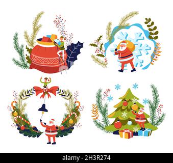 Weihnachten und Neujahr, Weihnachtsmann Geschenke und Weihnachtsbaum Stock Vektor