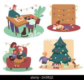 Weihnachtsferien mit Familie, Kochen und Lesen, Weihnachtsbaum Stock Vektor