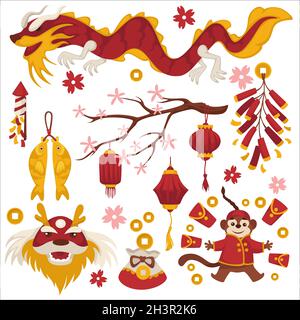Drache und Sakura, Chinesisches Neujahr Symbole, Laternen und Monkey Stock Vektor