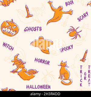 Halloween Doodle nahtloses Muster mit Silhouetten und Text Stock Vektor
