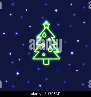 Neon-Weihnachtsbaum-Ikone im Linienstil. Verzierte Tanne mit Kugeln und Stern auf dunklem Hintergrund. Stock Vektor