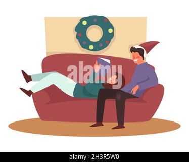 Weihnachtsferienpaar auf Couch, Wohnzimmer und Weihnachtsdekor Stock Vektor