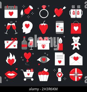 Valentinstag-Ikone im flachen Stil. Love Symbols Kollektion inklusive Herz mit Pfeil, Diamantring, Geschenkbox, Rose, Erdbeere und andere. Vektor i Stock Vektor