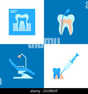 Dental Care Icon Set in flachem Stil. Zahnwurzelbehandlung, Anästhesie und andere Symbole. Stomatologie-Emblem. Vektorgrafik. Stock Vektor