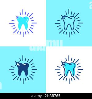 Glänzendes Zahn-Icon-Set in flacher und linientaugischer Optik. Symbol für Zahnaufhellung und Reinigungskonzept. Vektorgrafik Stomatologie. Stock Vektor