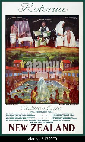 Rotorua, Naturheilmittel. Thermalwasser, Gesundheit und Erholung. Am besten mit der Bahn, Neuseeland zu erreichen. Künstler unbekannt. Restauriertes Vintage-Poster, das 1932 in Neuseeland veröffentlicht wurde. Stockfoto