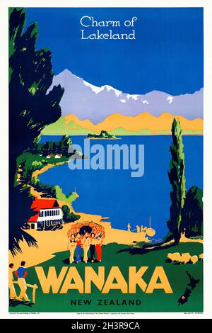 Der Charme von Lakeland. Wanaka, Neuseeland. Künstler unbekannt. Restauriertes Vintage-Poster, das in den 1930er Jahren in Neuseeland veröffentlicht wurde. Stockfoto