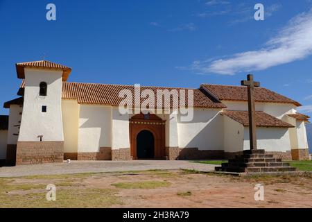 Peru Maras - Katholische Kirche El Templo Bürgermeister San Francisco de Asis Frontseite Stockfoto