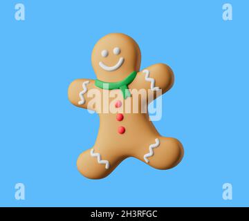 Chirtmas Cookie Lebkuchenmännchen mit roten Knöpfen und grünem Schal 3d Render Illustration. Isoliert auf blauem Hintergrund Stockfoto