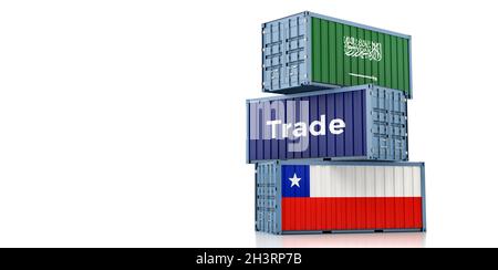 Container mit Nationalflagge von Chile und Saudi-Arabien. 3D-Rendering Stockfoto