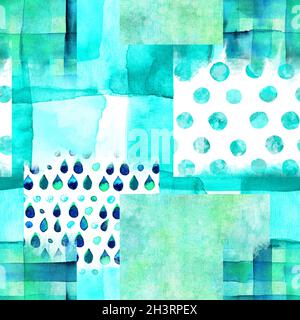 Eine abstrakte Patchwork nahtlose Aquarell Muster in Teal Blue Stockfoto