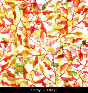 Nahtloses Herbstmuster mit abstrakten Ästen und Blättern und Aquarellspritzern Stockfoto