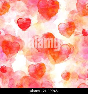 Ein nahtloses Muster aus roten Aquarellherzen auf einem romantischen pastellrosa Hintergrund Stockfoto