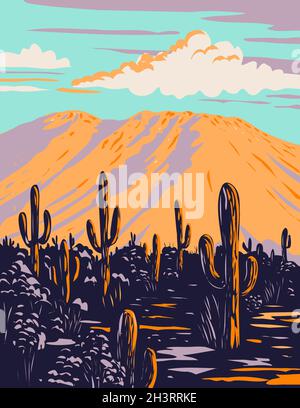 Saguaro Kaktus mit Wasson Peak in den Tucson Bergen im Saguaro National Park in Arizona WPA Poster Art Stockfoto