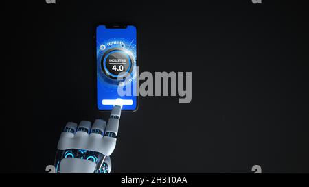 Industrie 4.0 - Humanoid Robot Hand Click Smartphone Stockfoto