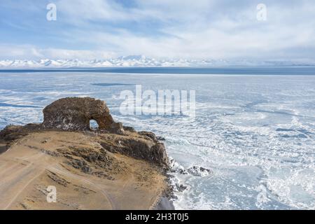 Luftaufnahme des heiligen Elefanten in Namtso Stockfoto