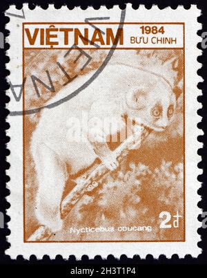 VIETNAM - UM 1984: Eine in Vietnam gedruckte Marke zeigt Sunda Slow loris (nycticebus coucang), ein Primat aus Südostasien, um 1984 Stockfoto