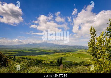 Landschaft des Val d ' Orcia in der Nähe von Pienza Stockfoto