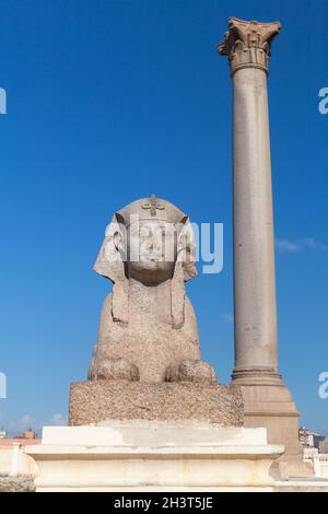 Alte Sphinx und Pompeys Säule in Alexandria, Ägypten. Diese römische Triumphsäule wurde 297 n. Chr. erbaut Stockfoto