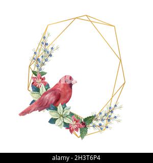 Goldener geometrischer Rahmen mit Winterkor und rotem Vogel. Aquarell Weihnachten Illustration Stockfoto