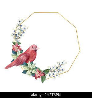 Goldener geometrischer Rahmen mit Winterkor und rotem Vogel. Aquarell Weihnachten Illustration Stockfoto