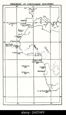 Diese Karte zeigt den Fortschritt der portugiesischen Entdeckung im Zeitalter der Exploration. Stockfoto