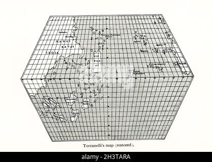 Toscanellis Karte (restauriert). Toscanelli (1397–1482) war ein italienischer Mathematiker, Astronom und Kosmograph. Aus seinen Studien über antike Schriftsteller, darunter Ptolemäus, und seinen Gesprächen mit Reisenden und Entdeckern schuf Toscanelli eine Weltkarte, die 1474 an den König von Portugal geschickt wurde, Und erklärte die Möglichkeit, nach Westen zu segeln, anstatt um Afrika herum und durch den Indischen Ozean, um die Ostindischen Inseln zu erreichen. Stockfoto