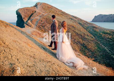 Glückliches frisch verheiratetes Paar. Schöne Braut und Bräutigam im Anzug. Stockfoto